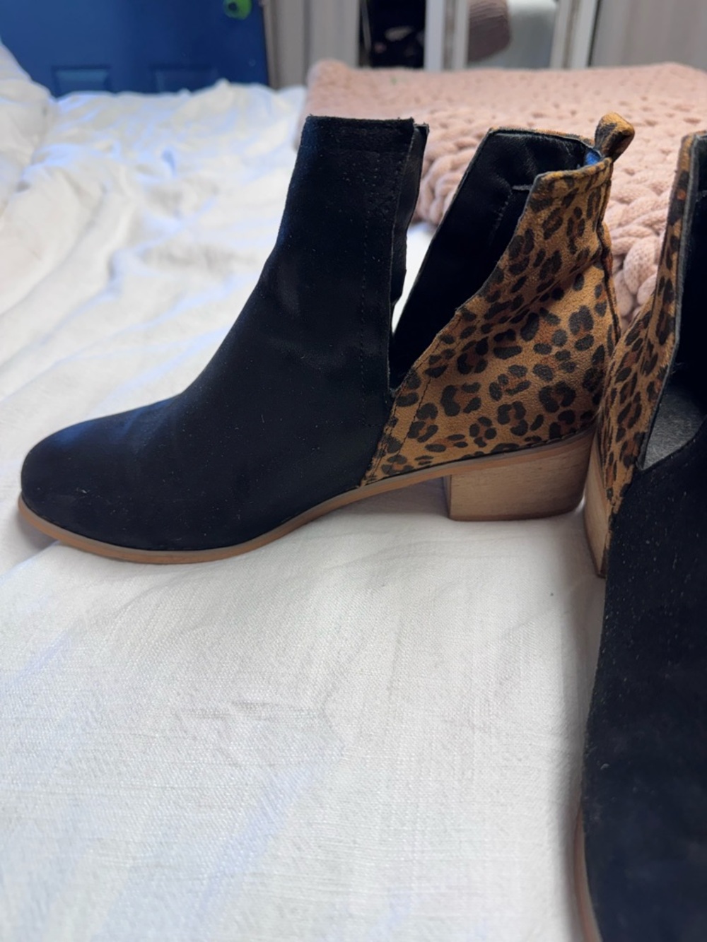Women's Black Ankle Boots with Leopard Heel Accent